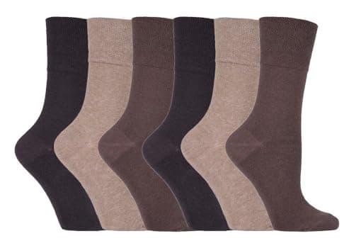 Image of IOMI Footnurse - Ladies 6 Pair Multipack Non Elastic Diabetic Socks with Gentle Grip Wide Top 4-8 (4-8, Brown)