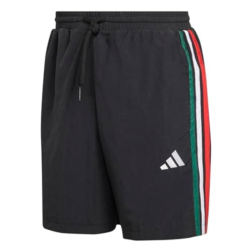 Image of adidas Men's Essentials Three Stripes Chelsea Woven Short, Black/Team Dark Green/White/Better Scarlet, XL