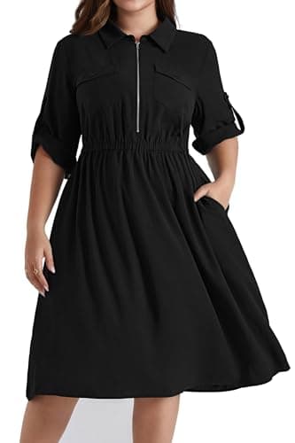 Image of Hanna Nikole Women's Plus Size V-Neck Lapel A Line Dresses with Pockets - Adjustable Zipper 3/4 Summer Midi Dresses Elastic Waist - Black 28