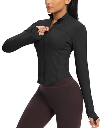 Image of Queenie Ke Women's Cropped Running Jackets - Zip Up Lightweight Athletic Yoga Gym Tops BBL Jacket with Thumb Holes (Black, Large)