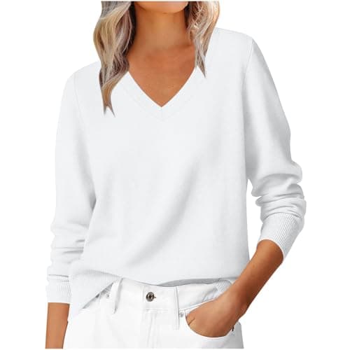 Image of Cashmere Jumpers for Women V Neck Sweater Ladies Casual Lightweight Plain Pullover Long Sleeve Tops Dressy Fine Knit Jumpers for Women Fall Winter Tunic Blouse T-Shirt for Work Office White