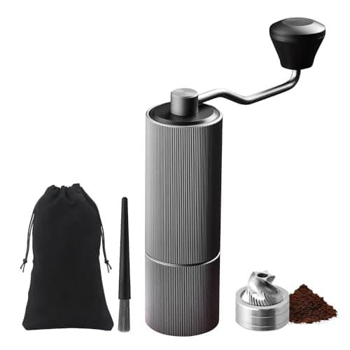 Image of ELMWAY Precision Manual Coffee Grinder – Stainless Steel Burr & Shaft, Dual Bearings, Aluminium Body & Handle with ABS Support Frame, Adjustable Grind & Portable Travel Pouch – Silver