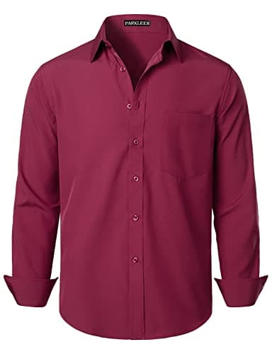 Image of PARKLEES Men's Regular Fit Dress Shirt Solid Wrinkle-Free Long Sleeve Casual Business Button Up Shirts with Pocket PZSSCL05-Maroon XL