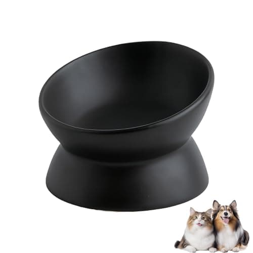 Image of Elevated Cat Food Bowl, Ceramic Raised and Tilted Pet Water Bowl, Anti Vomiting Cat Feeding Bowls - Stress Free Shallow Cat Bowl, Stress Free for Cats and Small Dogs,150ml/5oz (Black, 1 Pack)