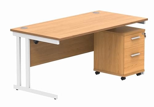 Image of Office Hippo Heavy Duty Contract Grade Office Desk Workstation and Lockable 2-Drawer Pedestal Set, 120kg Weight Tolerance, 5-Year Warranty, FSC Certified, Norwegian Beech, White Legs, 1600 x 800mm