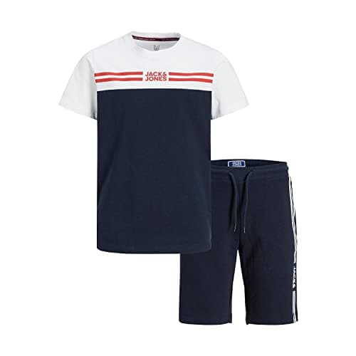 Image of JACK&JONES Junior Boys 100% Cotton Logo T-Shirt & Shorts 2-Piece Set, White (Size 128) - Premium Casual Summer Outfit & Everyday Playwear