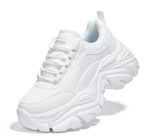 Image of LUCKY STEP Women Chunky Sneakers Fashion Platform Leather Casual Dad Shoes Comfortable Wedge Walking Sport Sneakers (White, 9US-40EU-7UK)