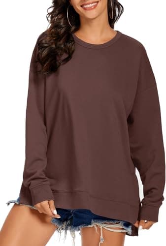 Image of APEIYU Women's Long Sleeve Sweatshirts Crew Neck Side Split Knit Sweatshirt Loose Casual Tops Oversized Blouse Shirts Coffee M