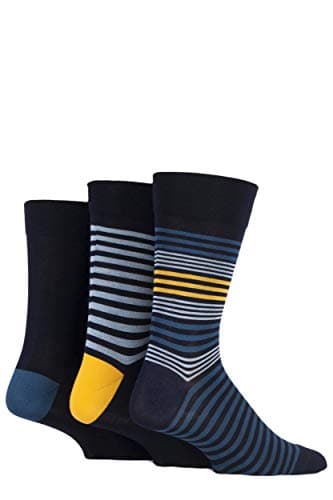 Image of SockShop Men's Comfort Cuff Socks - Striped and Plain Soft Breathable & Cooling Bamboo Material Multipack of 3 Pairs Cosmic Blue/Dark Amethyst 7-11