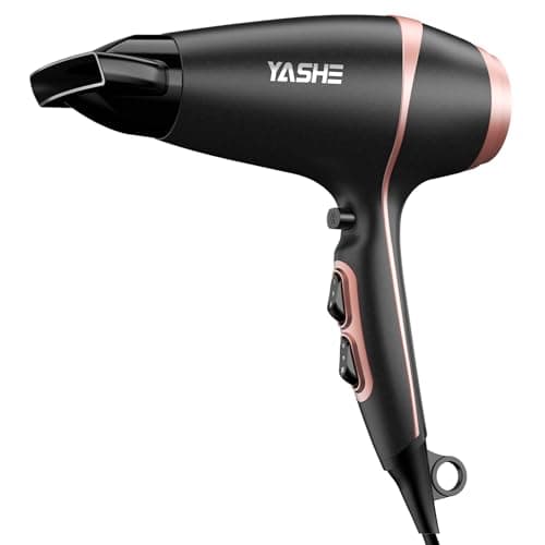 Image of YASHE Professional Hair Dryer, 2 Speeds & 3 Heat Settings, Cool Shot, 2000W Blow Dryer with Precision Concentrator Nozzle, 1.8m Cord & Hanging Hook, Matte Black & Rose Gold
