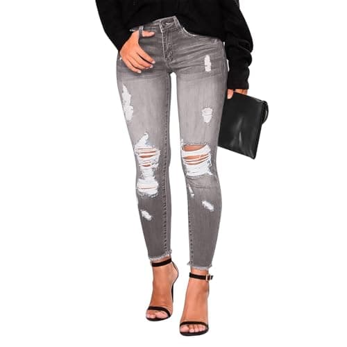 Image of MASUCOR Ripped Jeans Womens Stretchy Skinny Low Rise Jeans Distressed Y2k Boyfriend Denim Pants Ripped Jeggings with Pockets Slim Fit Jeans Frayed Raw Hem Ankle Jeans(Gray,XL)