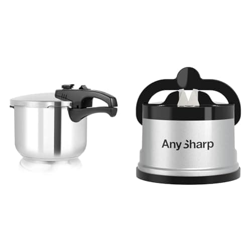 Image of Tower T80244 6L/22cm Pressure Cooker with Steamer Basket, Stainless Steel, Silver & AnySharp Knife Sharpener, Hands-Free Safety, PowerGrip Suction, Safely Sharpens All Kitchen Knives