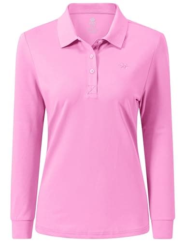 Image of MoFiz Women's Long Sleeve Polo Shirts Lady-fit Golf Tennis Top Cotton Casual Work Golf Gym Active Sport Shirt with Buttons Pink Size US XS