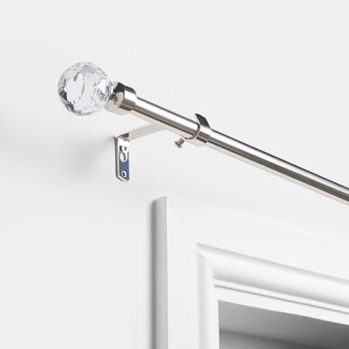 Image of OHS Silver Curtain Pole Crystal Ball, 120-220cm Extendable Curtain Poles with Brackets and Finials Metal Adjustable Curtain Rod Easy Install Curtain Pole for Windows
