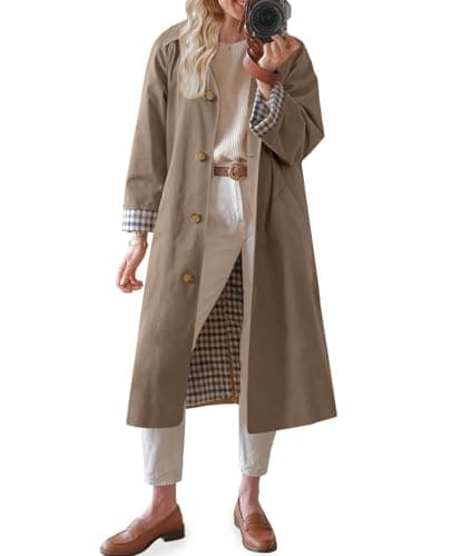 Image of TITOMD Long Trench Coat Single Breasted Check Lining Classic Collar Fall Overcoat Fashion Outerwear, Camel, Medium