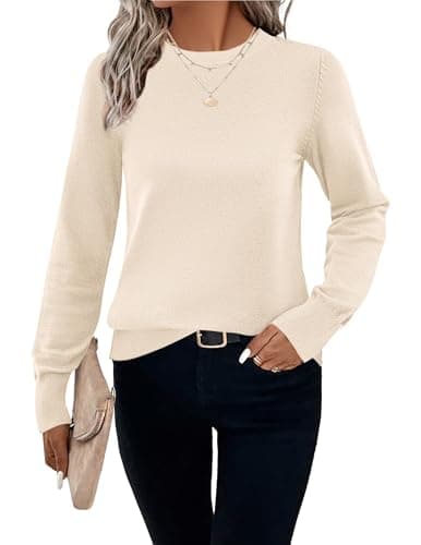 Image of HOTOUCH Ladies Autumn Jumpers Knitted Soft Sweatshirt Plain Thermal Knitwear Crew Neck Long Sleeve Comfy Sweaters for Women Beige M