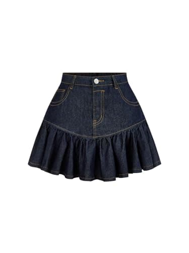 Image of GORGLITTER Denim Skirts for Women UK Low Waist A Line Flared Ruffle Mini Jeans Skirt with Pocket Summer Pleated Skirts Dark Wash S