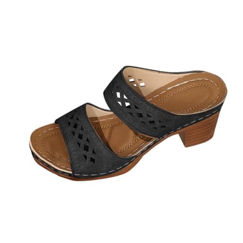 Image of Yolimok Women's Heeled Sandals Deals Open Toe Slip On Block Womens Chunky Mid Heels Ankle Square Heels Sandal Slippers Casual Comfortable Summer Backless Mules Slide Walking Shoes Plus Size 3-7