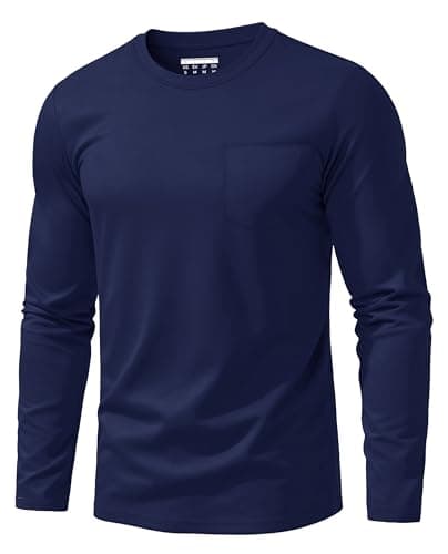 Image of EKLENTSON Men Work T Shirts Cotton Long Sleeve Tops with Pocket Breathable Round Neck Casual Summer Tee Shirts Navy XL