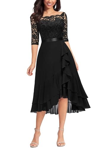 Image of MIUSOL Women's Elegant Lace Chiffon 2/3 Sleeve Off-Shoulder Cocktail Ball Bridesmaid Patry Swing Midi Dress (Medium, Double Hem-Black)