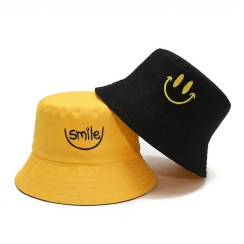 Image of ZJEEACO Reversible Bucket Hat, Print Bucket Hats Men Women, UV Protection Sun Hat, Lightweight Breathable Packable Beach Mens Bucket Hat for Travel Outdoor Activities (Yellow Black Smile)
