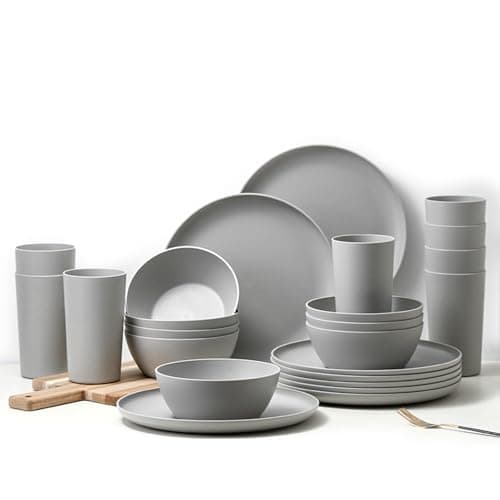Image of 24 Piece Dinnerware Set, Unbreakable Plastic Plates Bowls Cups Set, BPA Free Reusable Tableware for Camping, Picnic, Home, Kitchen, Dishwasher Safe (Grey)