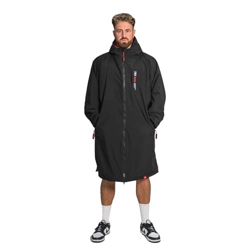 Image of Two Bare Feet Waterproof Changing Robe with Changing Mat for Kids & Adults, Hooded Sherpa Fleece Lined, Windproof Outdoor Coat for Swimming, Surfing, Beach (Medium, Black/Red)