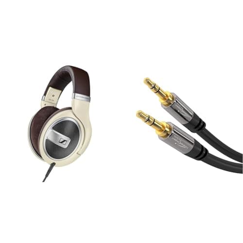 Image of Sennheiser HD 599 Around-Ear Open Back Headphones - Ivory & Aux cable – 2m – 3.5mm audio cable, designed in Germany with break-proof metal plug