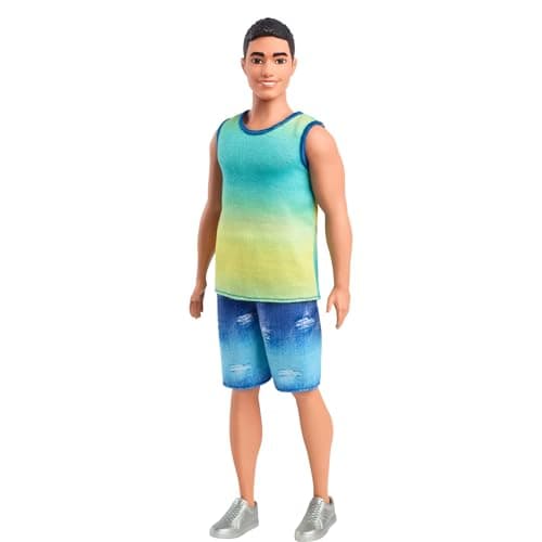 Image of Barbie Fashionistas Ken Doll #236 with Black Hair, Wearing Blue and Green Ombre Tank with Jean Shorts and Silver Sneakers, HYV00
