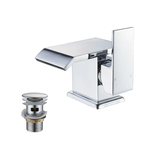 Image of Waterfall Basin Tap,Square Monobloc Bathroom Sink Mixer Tap Brass Single Hole with Pop up Waste