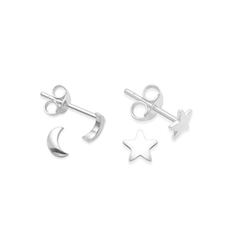 Image of Heather Needham Sterling Silver Moon and Star Earrings Set - One Pair of Each - Hypoallergenic Stud Earrings - Size 5mm & 4.7mm.(small and discreet) Gift boxed. 5140/5150