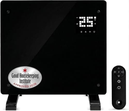 Image of Devola Wifi Enabled Smart Electric Glass Panel Heater 1000W | Alexa Heating Control, Open Window Detection, Wall Mounted & Free Standing Low Energy Heaters with Timer | Lot 20, DVPW1000B (Black)