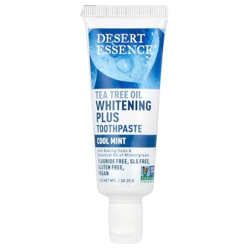 Image of Desert Essence Tea Tree Oil Whitening Toothpaste Travel Size, 1 oz - Flouride Free, Gluten Free, Vegan, Non-GMO - with Bamboo Stem Fiber, Baking Soda, Tea Tree Oil for Whitening Teeth & Fresh Breath