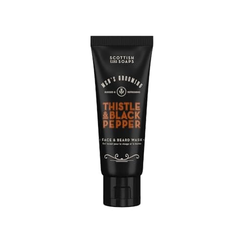 Image of Scottish Fine Soaps Men's Grooming Thistle & Black Pepper Face & Beard Wash 75ml – Travel Size Gentle Cleanser with Lactic Acid and Spicy Amber Notes