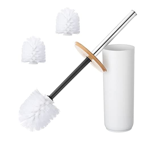 Image of Kinsinder Toilet Brush and Holder with Bamboo Handle with 3 Brush Heads, Bathroom Toilet Cleaner Brush Modern Design Deep Cleaning Toilet Bowl Brushes (White)