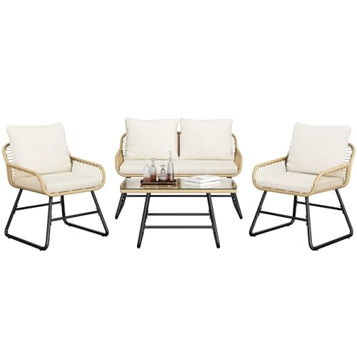 Image of Yaheetech 4 Pieces Bistro Set, 2 Outdoor PE Wicker Chairs with Cushions & Loveseat & Tempered Glass Table, Patio Conversation Set for for Balcony, Porch, Garden, Tan/Cream