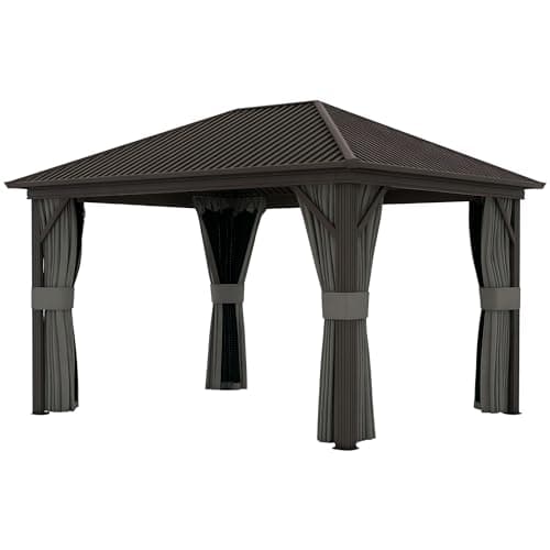 Image of Outsunny 3 x 3.6m Outdoor Hardtop Gazebo Metal Roof Patio Gazebo with Aluminium Frame, Mesh Nettings, Curtains, & Roomy Interior Space, Dark Grey