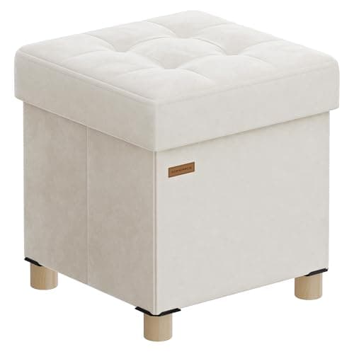 Image of SONGMICS Small Storage Ottoman, 38 x 38 x 40 cm, Folding Storage Cube with Lid, Footstool, Footrest, 37 L, Velvet Surface, for Bedroom, Hallway, Living Room, Cappuccino Beige LSF0516W03