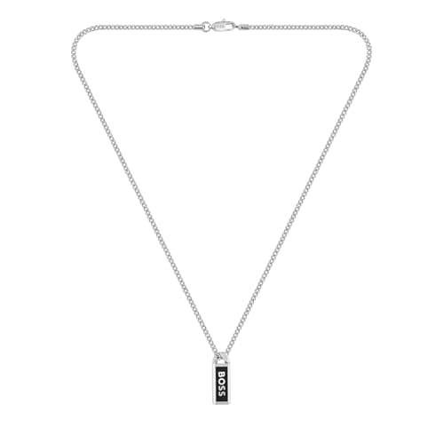 Image of BOSS Jewelry Men's KASSY EMBLEM Collection Chain Necklace in Stainless Steel with a Black Enamel Pendant - 1580677