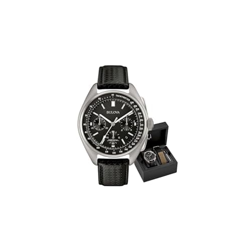 Image of Bulova Men's Designer Watch Leather Strap - Black Lunar Pilot Wrist Watch 96B251
