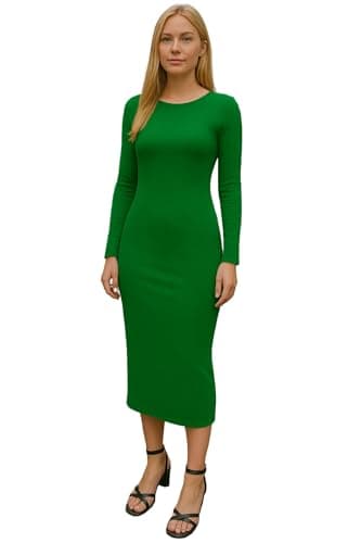 Image of STAR FASHION Women's Long Sleeve Bodycon Midi Dress Ladies Round Neck Stretchy Plain Dress Plus Size Jade Green-12-14