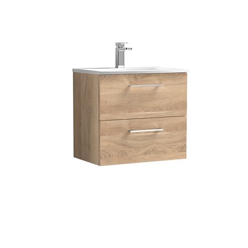 Image of nuie ARN3024G Arno Modern Bathroom Wall Hung 2 Soft Close Drawer Vanity Unit and Curved Basin, 600mm, Bleached Oak Woodgrain