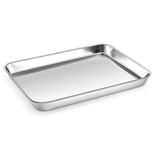 Image of Small Baking Tray, Onader Stainless Steel Oven Tray Cookie Sheet Pan, Perfect for Baking Cooking Serving, Non Toxic & Healthy, Heavy Duty & Mirror Finished & Dishwasher Safe, 26.4x20.4x2.5cm