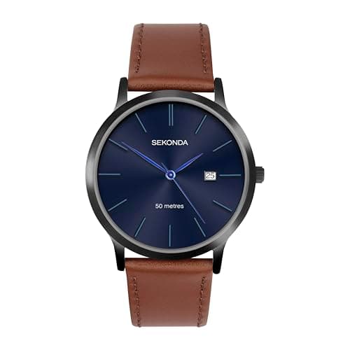 Image of Sekonda Mens 40mm Quartz Watch with Ionic Plated Black Case, Blue Dial and Brown Leather Strap 1775