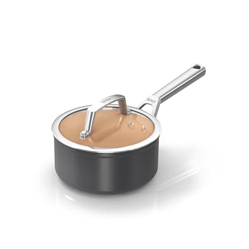 Image of Ninja Extended Life 16cm Ceramic Saucepan with lid, Non-Stick (No PFAs, PFOAs, Lead or Cadmium), Induction Compatible, Stainless Steel Handle, Oven Safe to 285°C, Terracotta & Grey, CW90216UK
