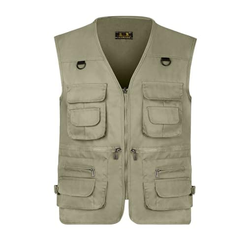 Image of LBL Men's Utility Fishing Vest Lightweight Outdoor Work Safari Travel Photo Multi Pockets Waistcoat Jacket JW612 Dark Khaki L
