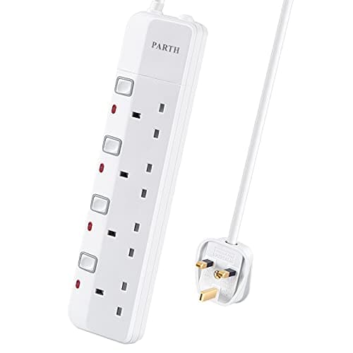 Image of PARTH 4 Way Protected Extension Lead with Individual Switches 2m Long Cable Safety Wall Mounted Extension Cord for UK Plugs 3250w 13Amp Multi Sockets 2 Metre Power Strip for Home Office School Hotel