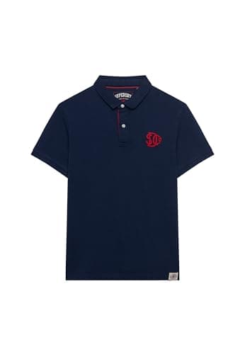 Image of Superdry Men's Pique Monogram Polo Shirt, Darkest Navy/Red, L