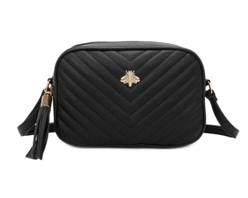 Image of Womens Chevron Quilted Crossbody Bag, Bee Embellishment Messenger Bag (Black)