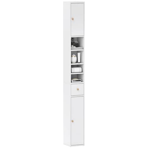 Image of HOMCOM Tall Bathroom Cabinet, Slim Bathroom Storage Cabinet with Drawer, Adjustable Shelves and Open Compartment, 20 x 20 x 178 cm, White